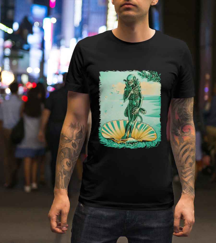 Alien Seated On Seashell The Birth Of Alienus Fusion Renaissance T-Shirt