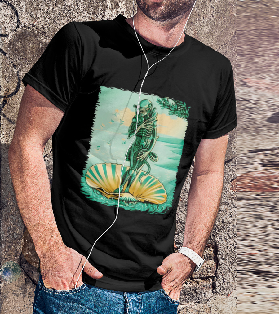 Alien Seated On Seashell The Birth Of Alienus Fusion Renaissance T-Shirt