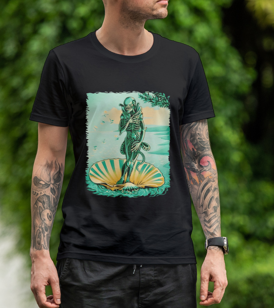 Alien Seated On Seashell The Birth Of Alienus Fusion Renaissance T-Shirt