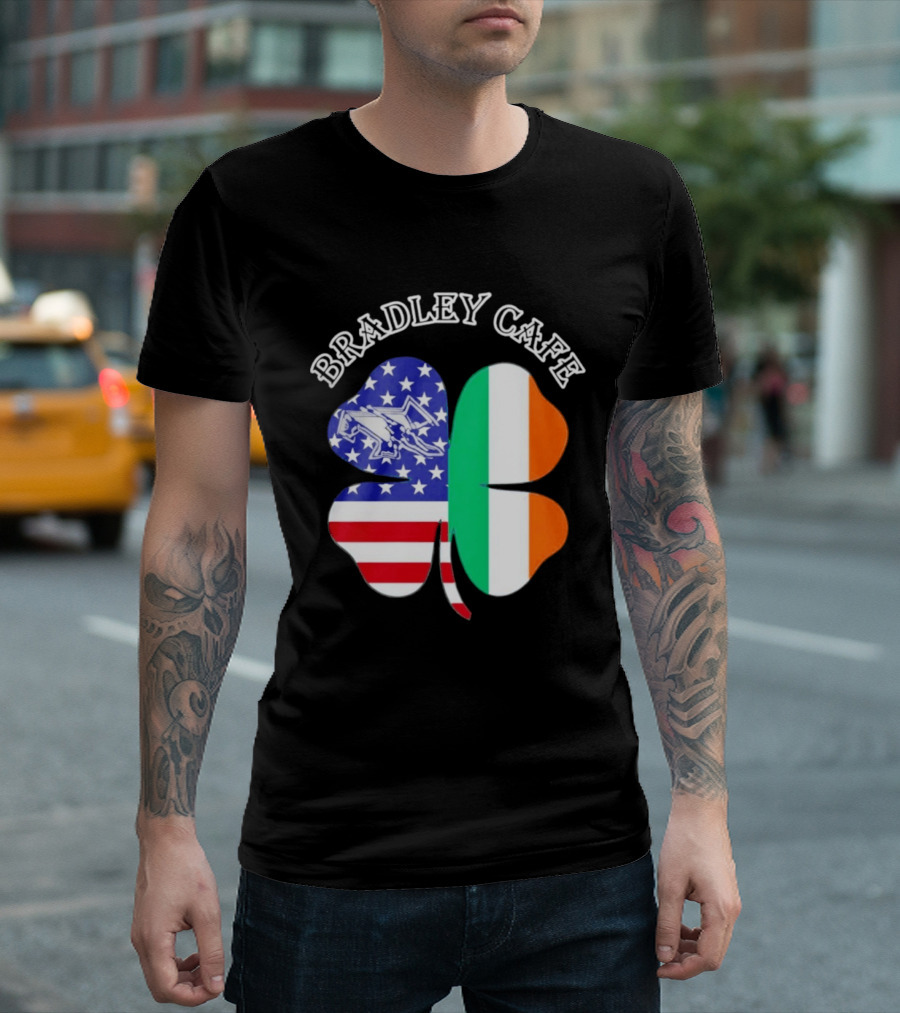Bradley Cafe Providence RI Est 1937 Four Leaf Clover American Irish Flag T-Shirt