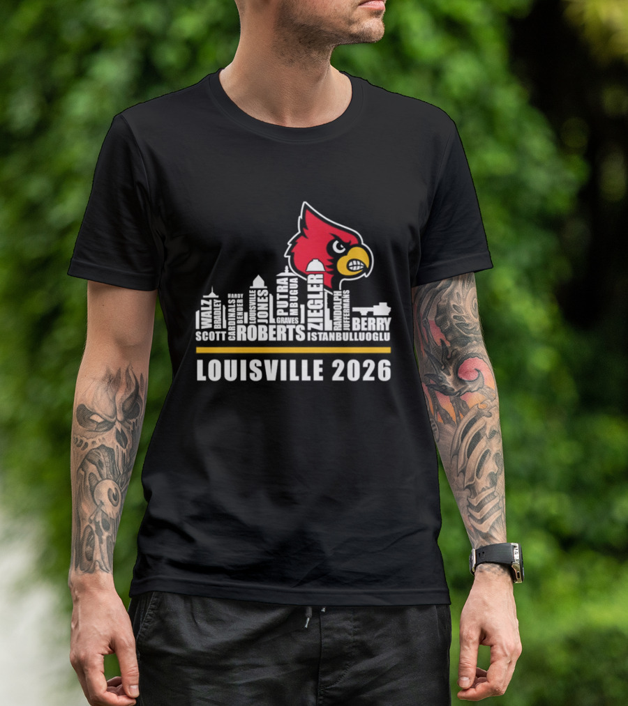 Louisville 2026 Cardinals Skyline Scott Roberts Berry Stephenson T-Shirt