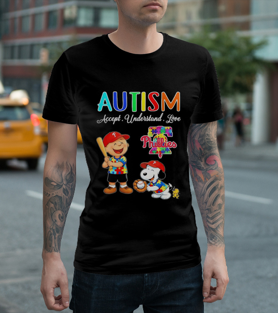 Charlie Brown Snoopy Philadelphia Phillies Autism Awareness Puzzle Piece Accept Understand Love T-Shirt