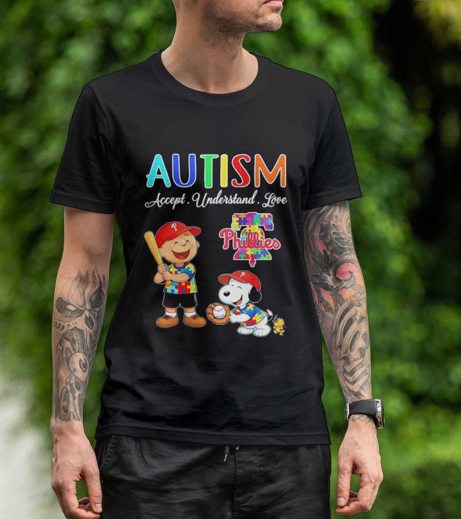 Charlie Brown Snoopy Philadelphia Phillies Autism Awareness Puzzle Piece Accept Understand Love T-Shirt