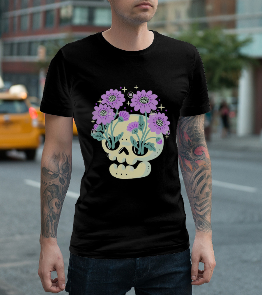 Skull With Purple Flowers And Stars Aesthetic T-Shirt