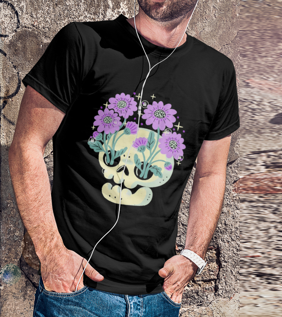 Skull With Purple Flowers And Stars Aesthetic T-Shirt