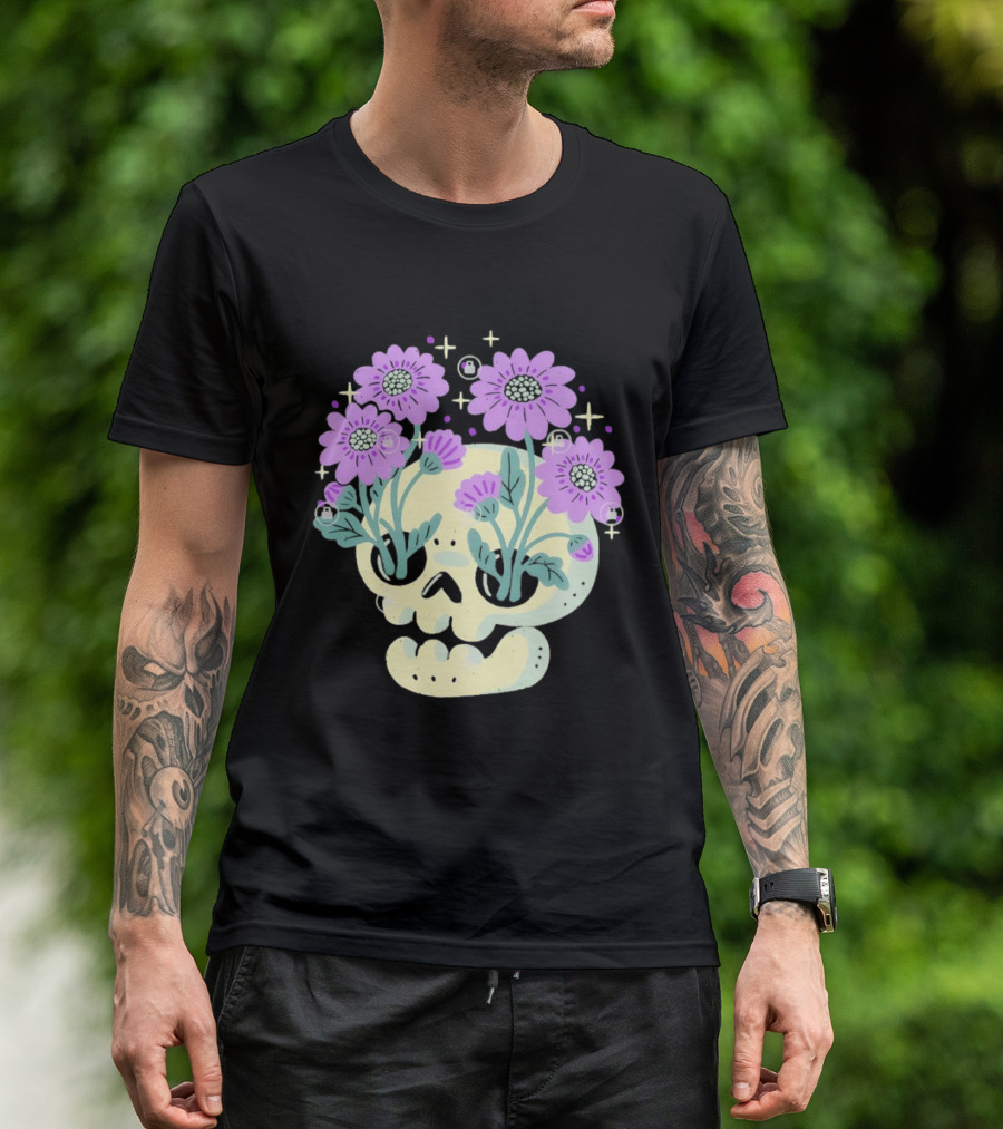 Skull With Purple Flowers And Stars Aesthetic T-Shirt