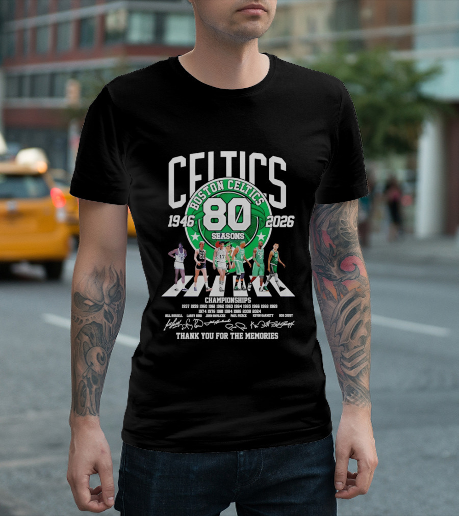 Boston Celtics 80 Seasons 1946 2026 Thank You For The Memories Signatures 17 Championships T-Shirt