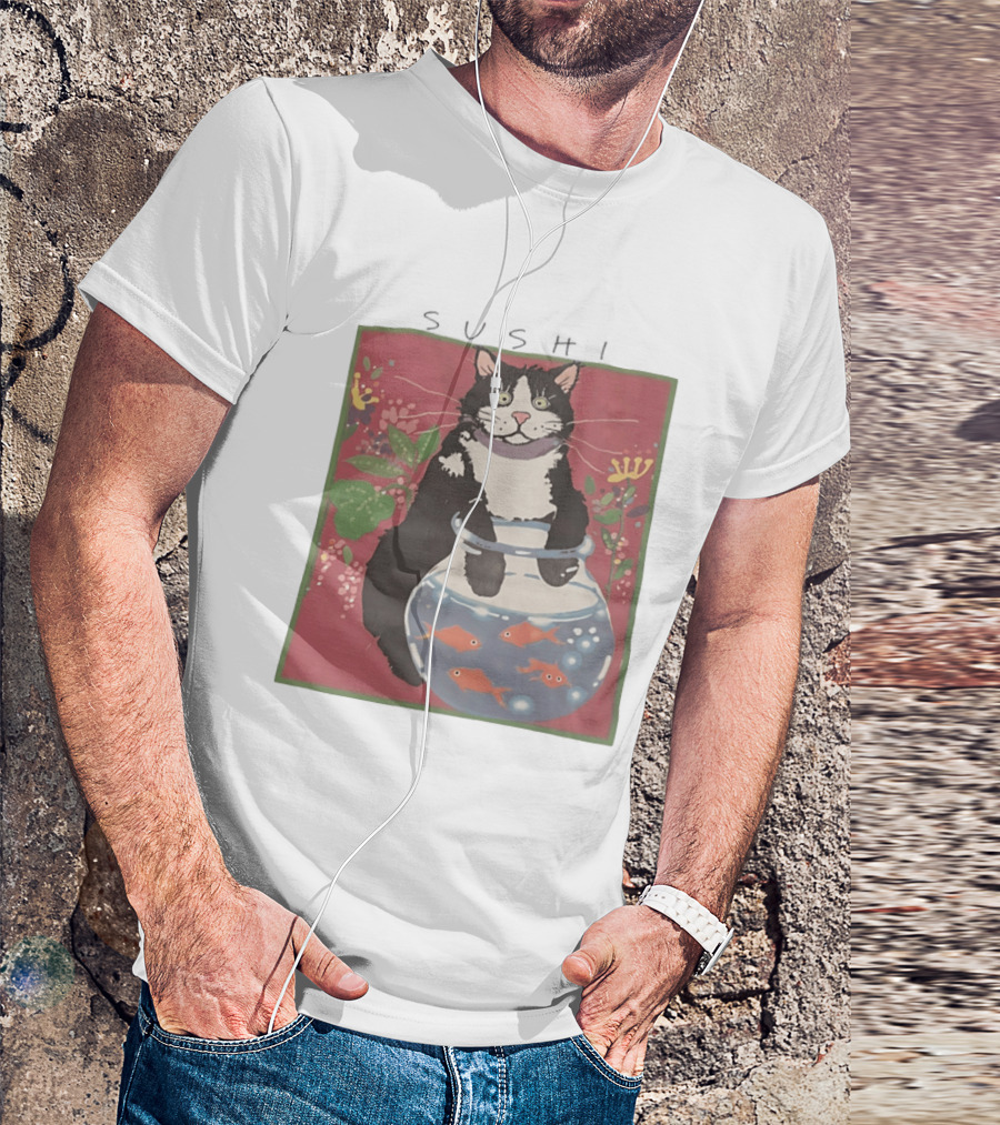 Sushi Cat Holding Fishbowl With Goldfish And Flowers T-Shirt