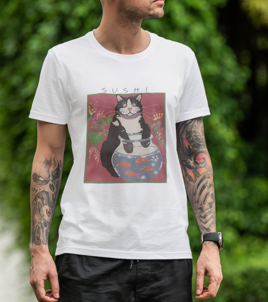 Sushi Cat Holding Fishbowl With Goldfish And Flowers T-Shirt