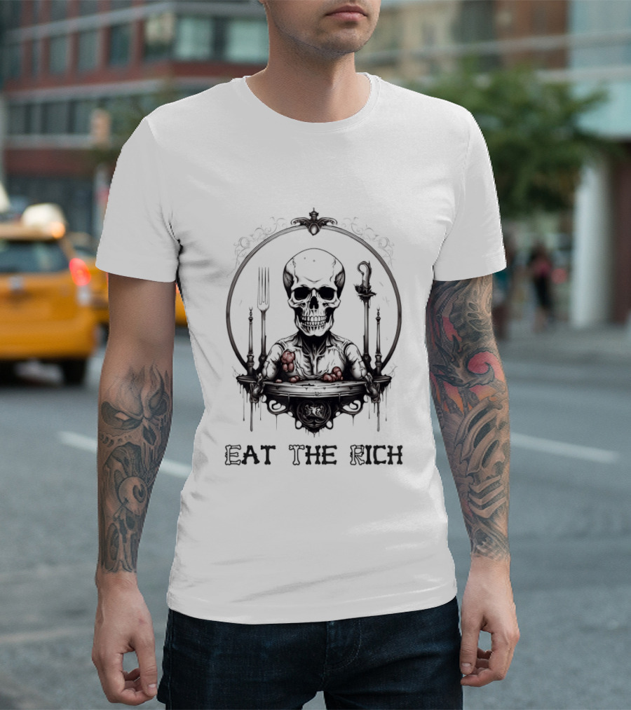 Skeleton Eat The Rich Gothic Skeleton With Cutlery Noir T-Shirt