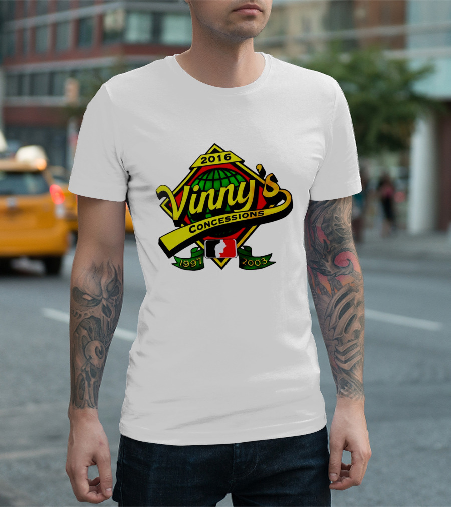 Vinny's Concessions 1997 2003 2016 Globe Ribbon T-Shirt