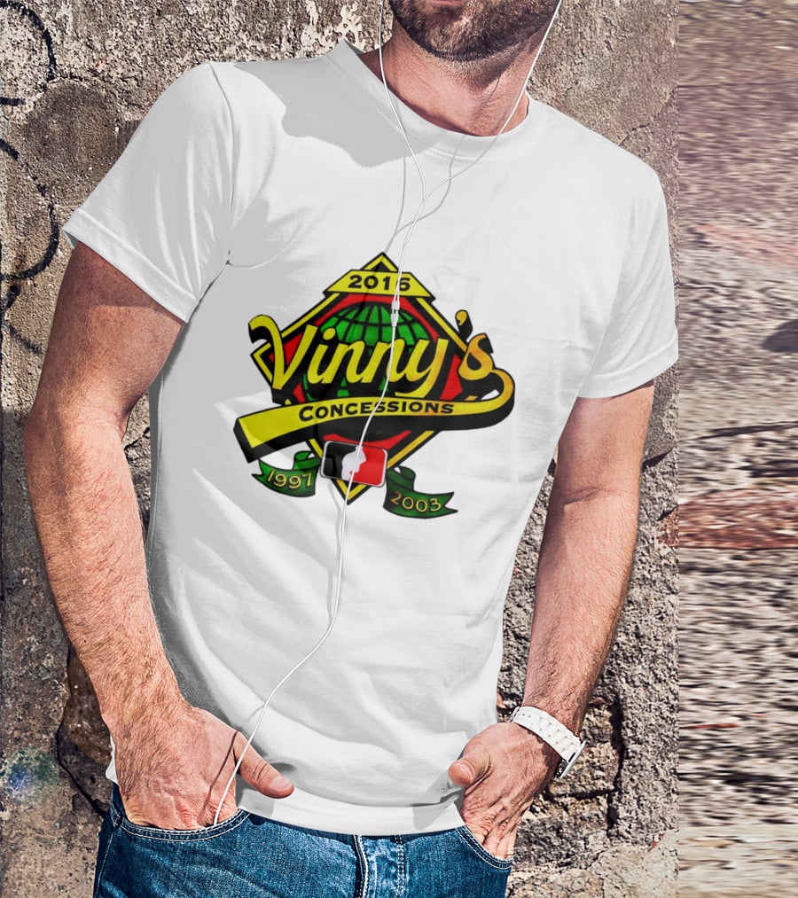 Vinny's Concessions 1997 2003 2016 Globe Ribbon T-Shirt