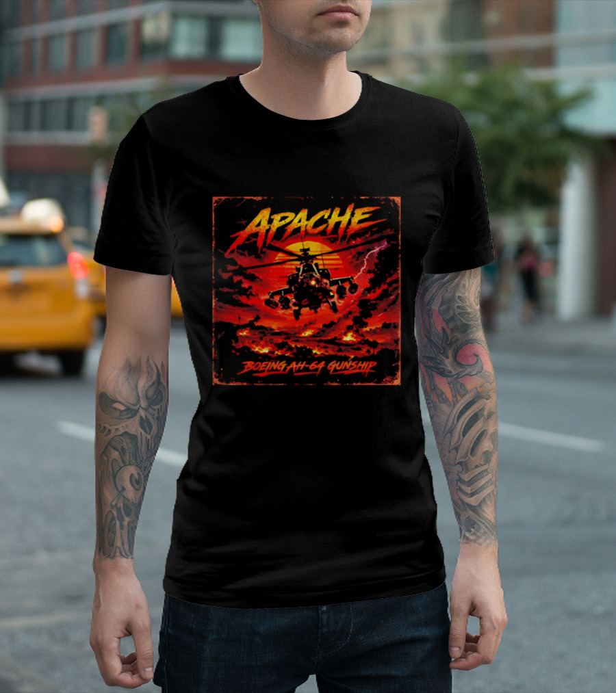 Apache Boeing AH 64 Gunship Sunset Storm Scene T-Shirt
