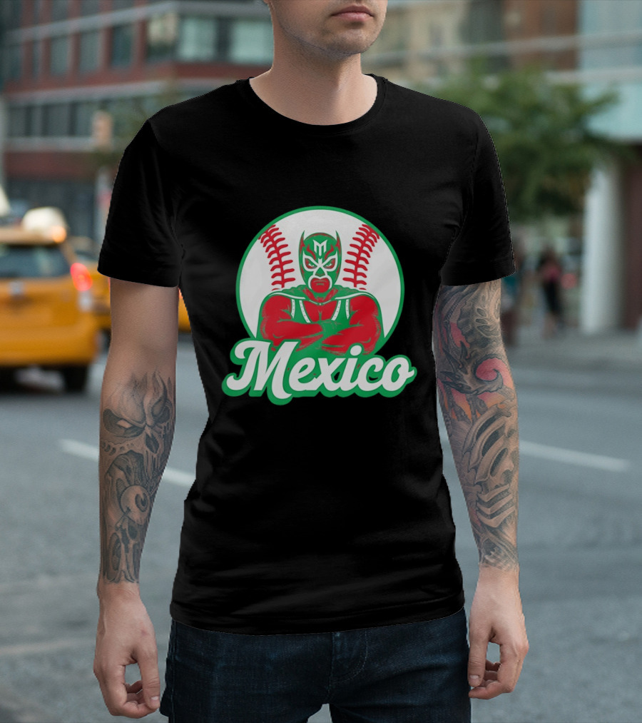 Mexico Luchador Baseball Mask Icon With Arms Crossed In Front Of Baseball Stitch T-Shirt