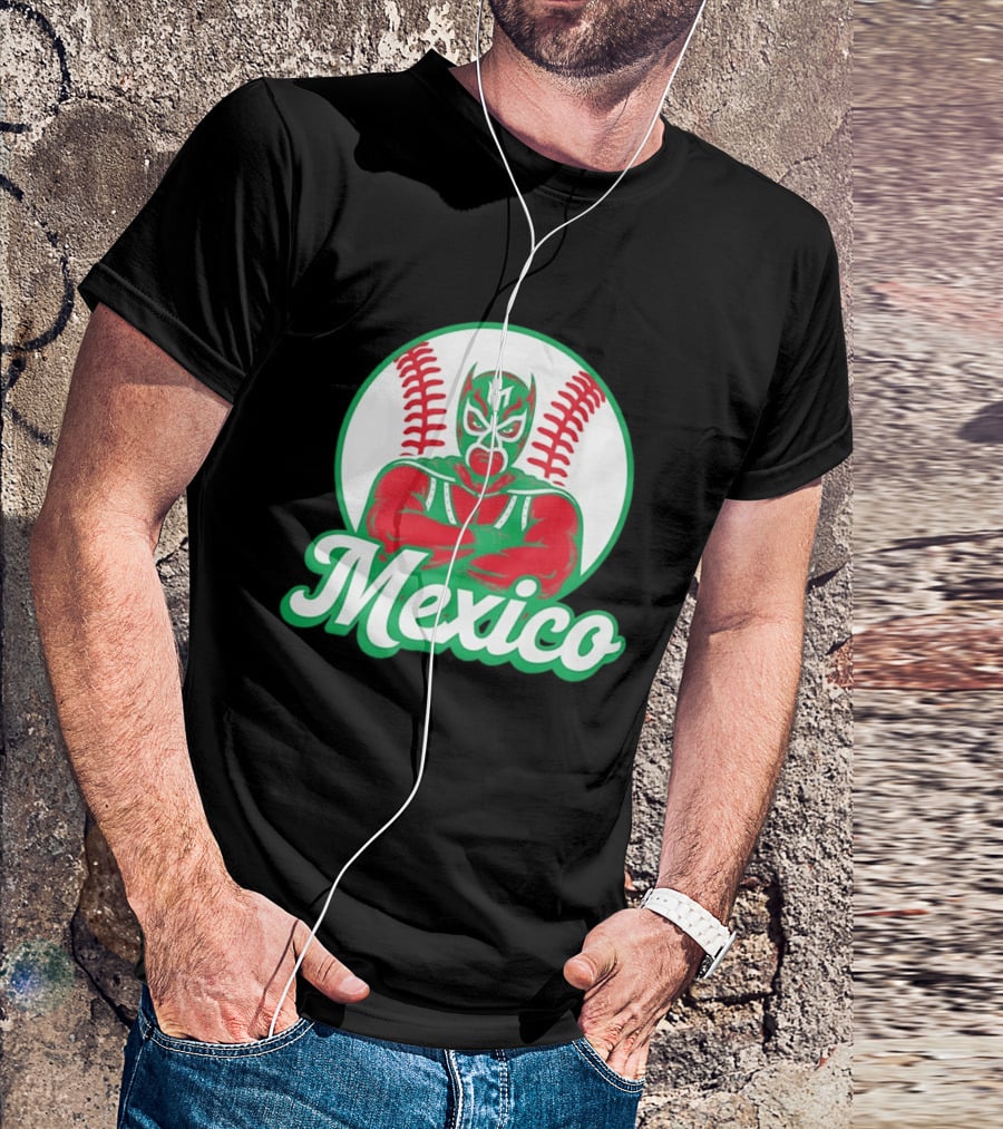 Mexico Luchador Baseball Mask Icon With Arms Crossed In Front Of Baseball Stitch T-Shirt