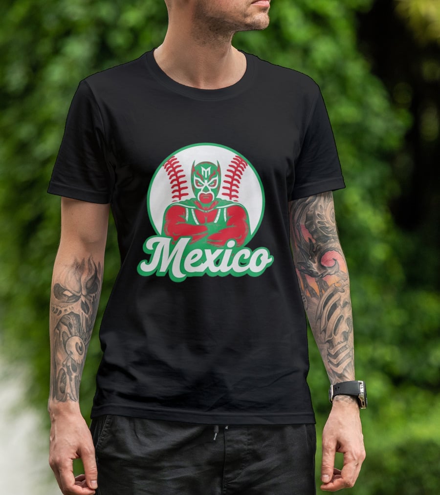 Mexico Luchador Baseball Mask Icon With Arms Crossed In Front Of Baseball Stitch T-Shirt