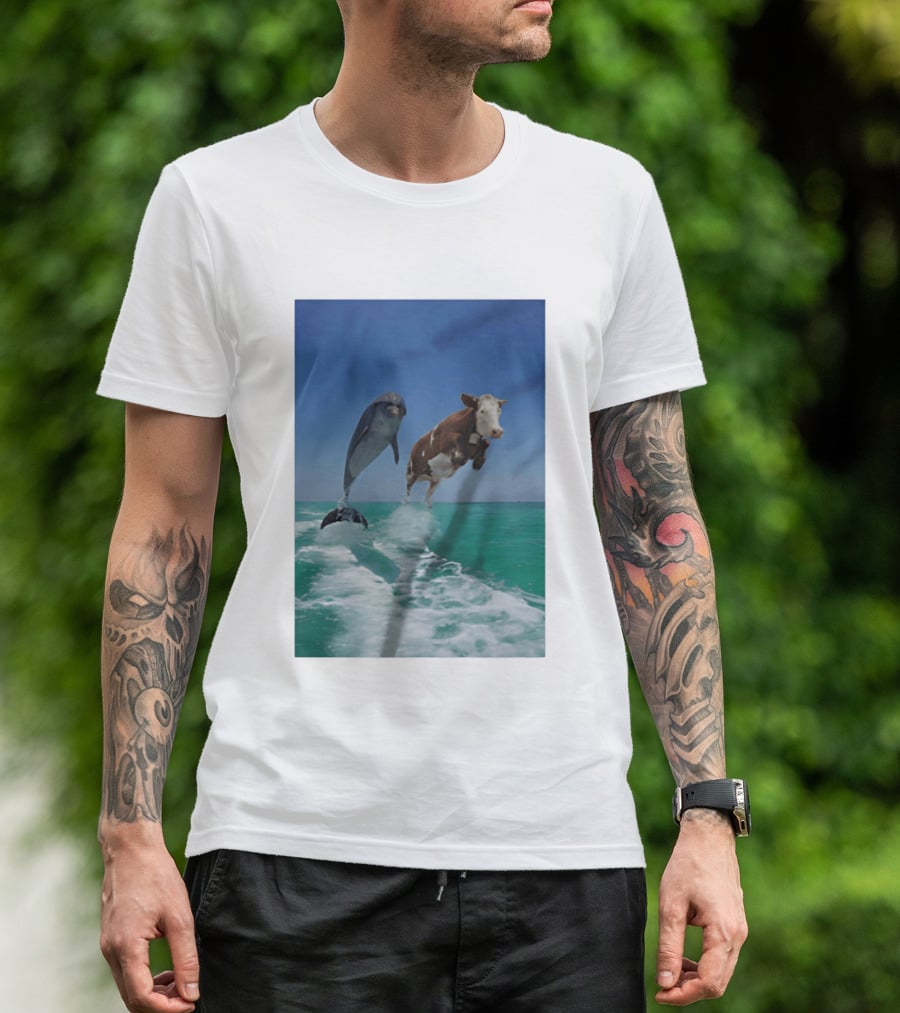Cow And Dolphin Jumping Out Of Water Ocean Adventure T-Shirt