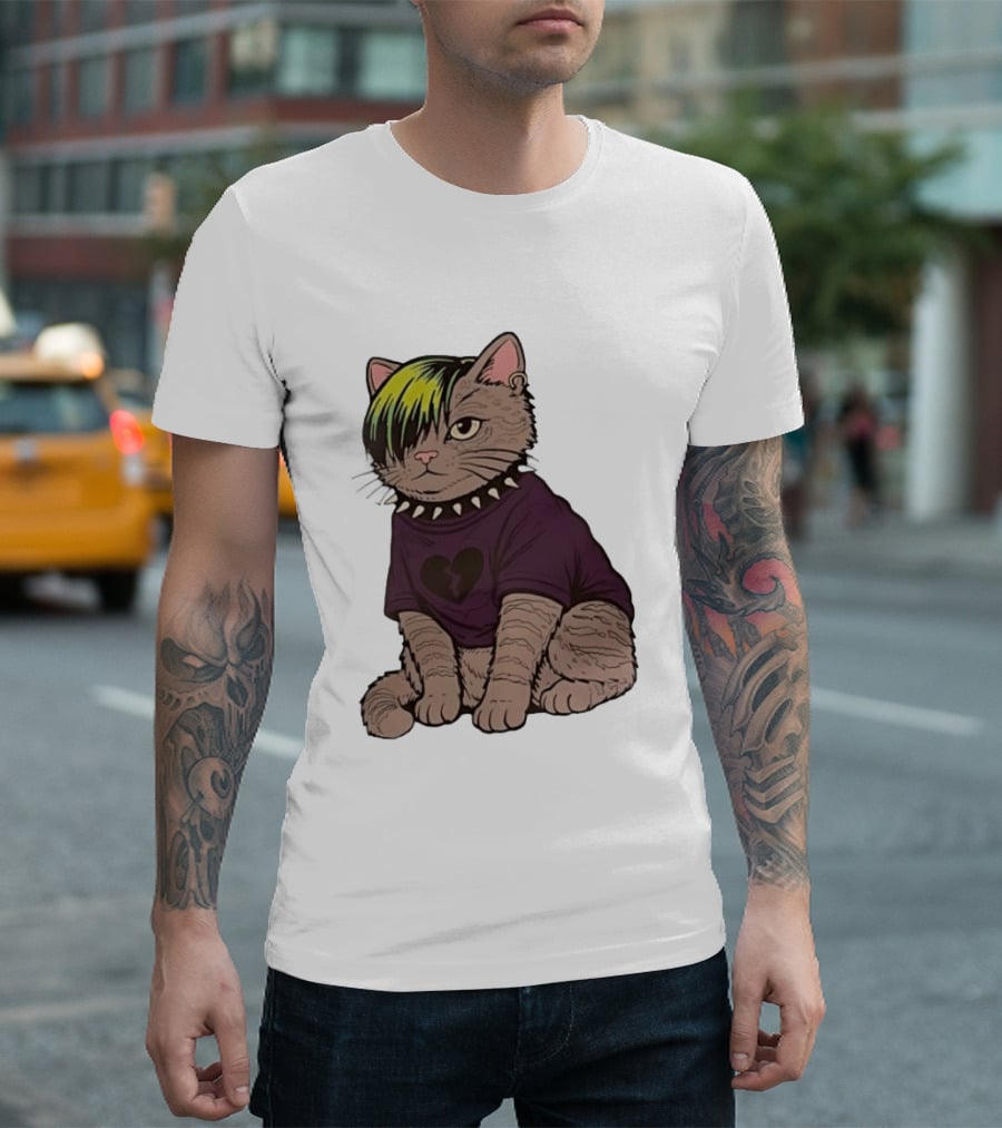 Emo Scene Cat With Heart Break Symbol And Spiked Collar T-Shirt