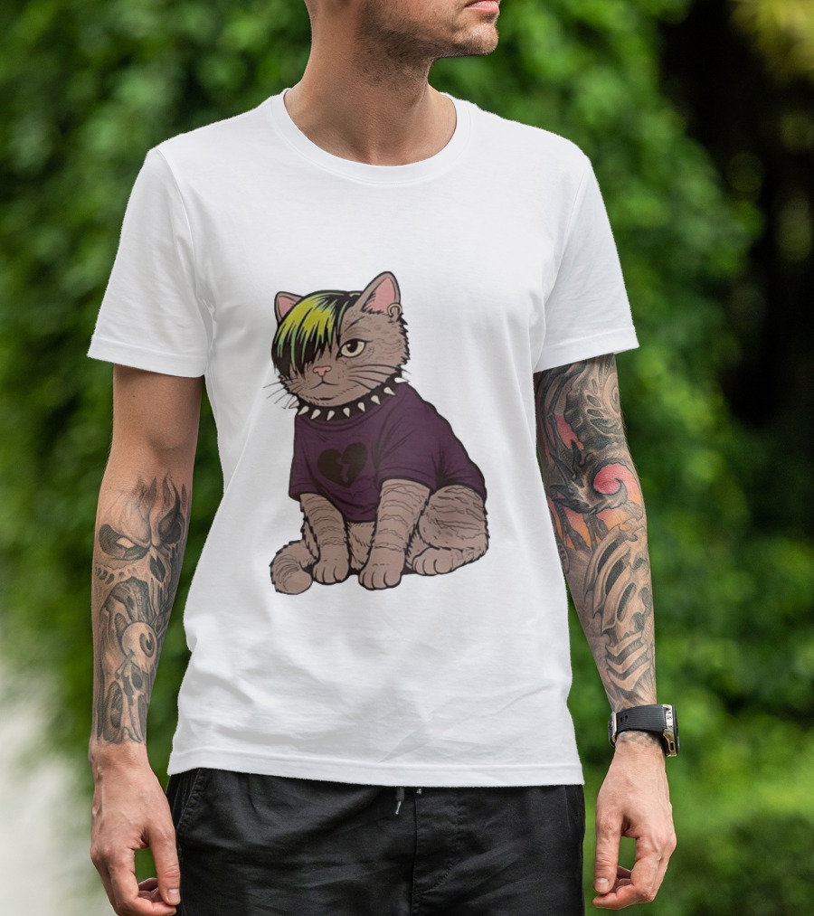 Emo Scene Cat With Heart Break Symbol And Spiked Collar T-Shirt