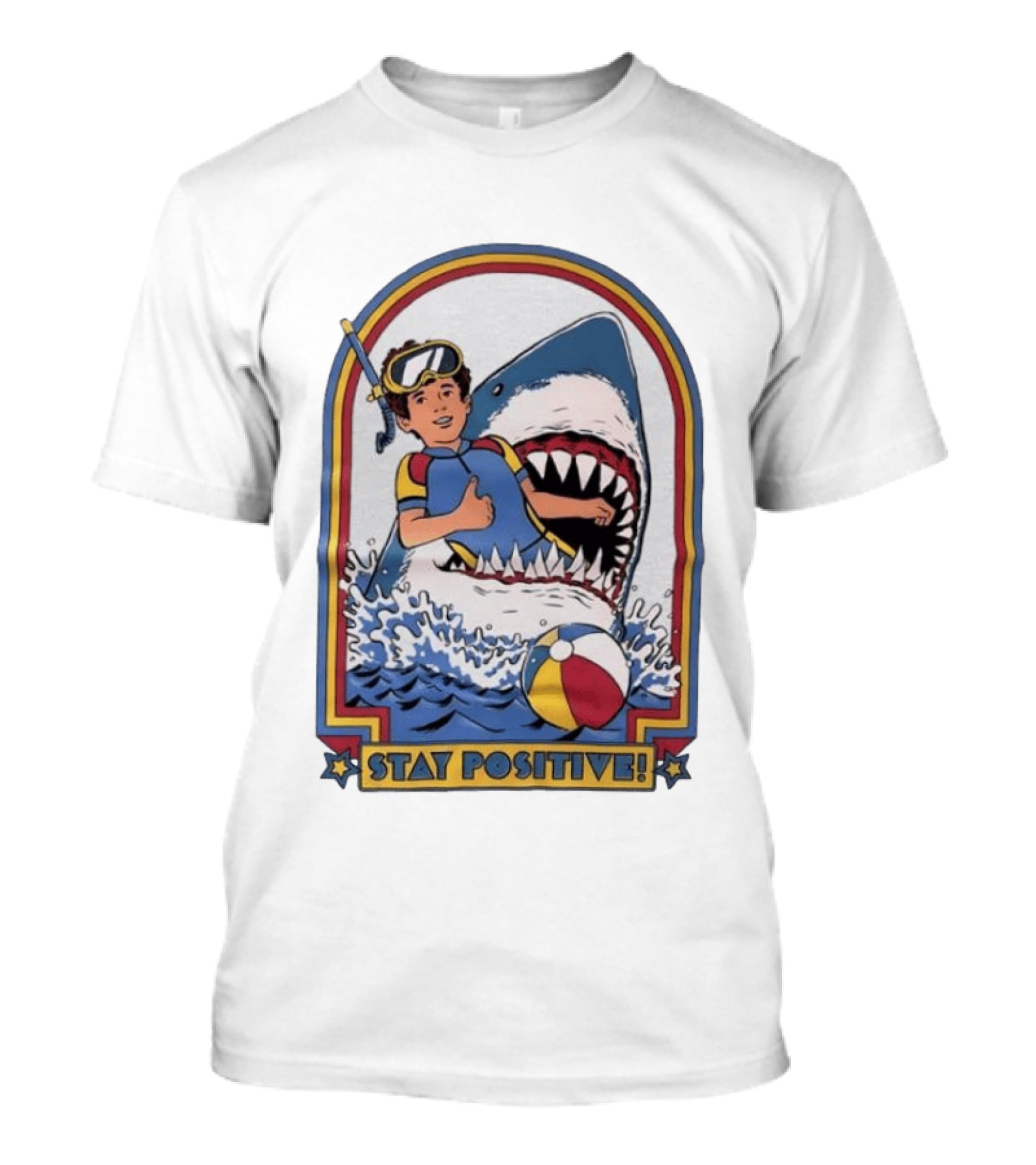 Stay Positive Scuba Boy In Great White Shark Mouth With Beach Ball T-Shirt