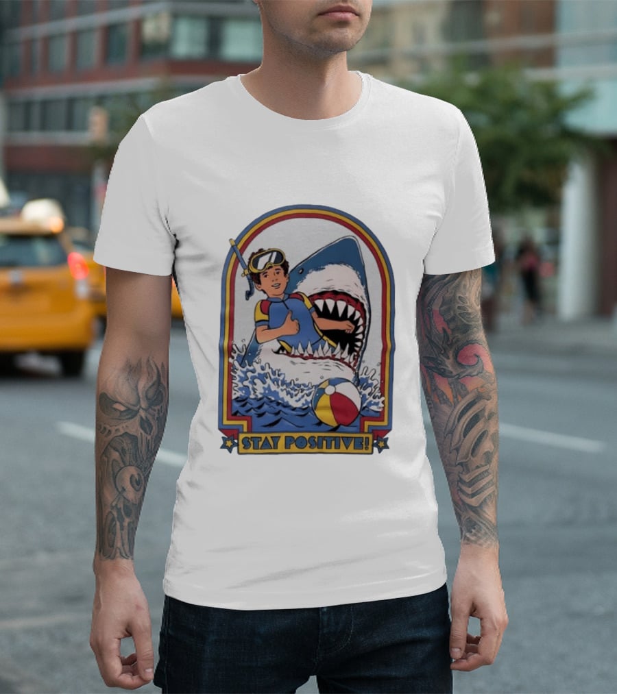 Stay Positive Scuba Boy In Great White Shark Mouth With Beach Ball T-Shirt
