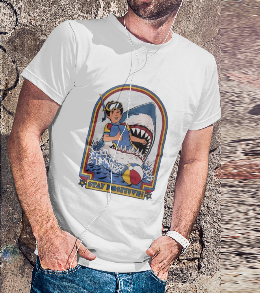 Stay Positive Scuba Boy In Great White Shark Mouth With Beach Ball T-Shirt