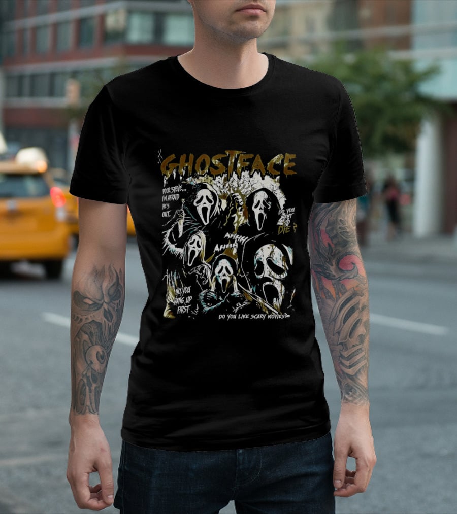 Ghostface Scream Splatter Poor Steve I'm Afraid He's Out T-Shirt