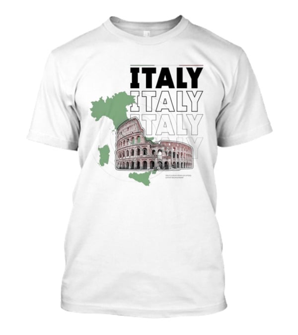 Italy Map And Colosseum Iconic Landmarks Text Heavy Exploration T-Shirt