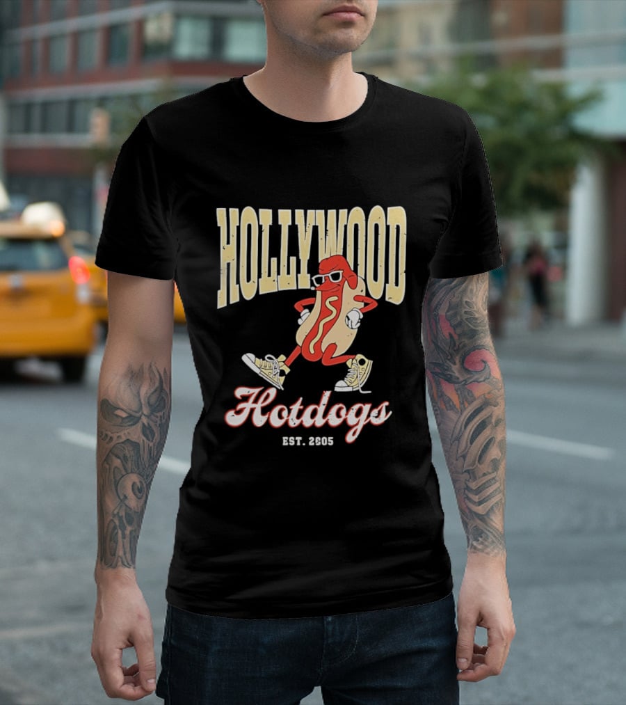 Hollywood Hotdogs Cool Mustard Character With Sunglasses Est 2005 T-Shirt
