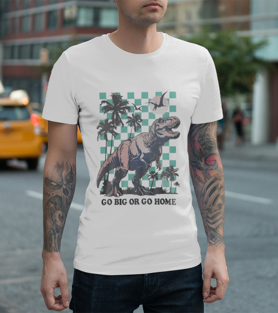 Tyrannosaurus Rex Go Big Or Go Home Palm Trees Checkerboard Sunset T-Shirt