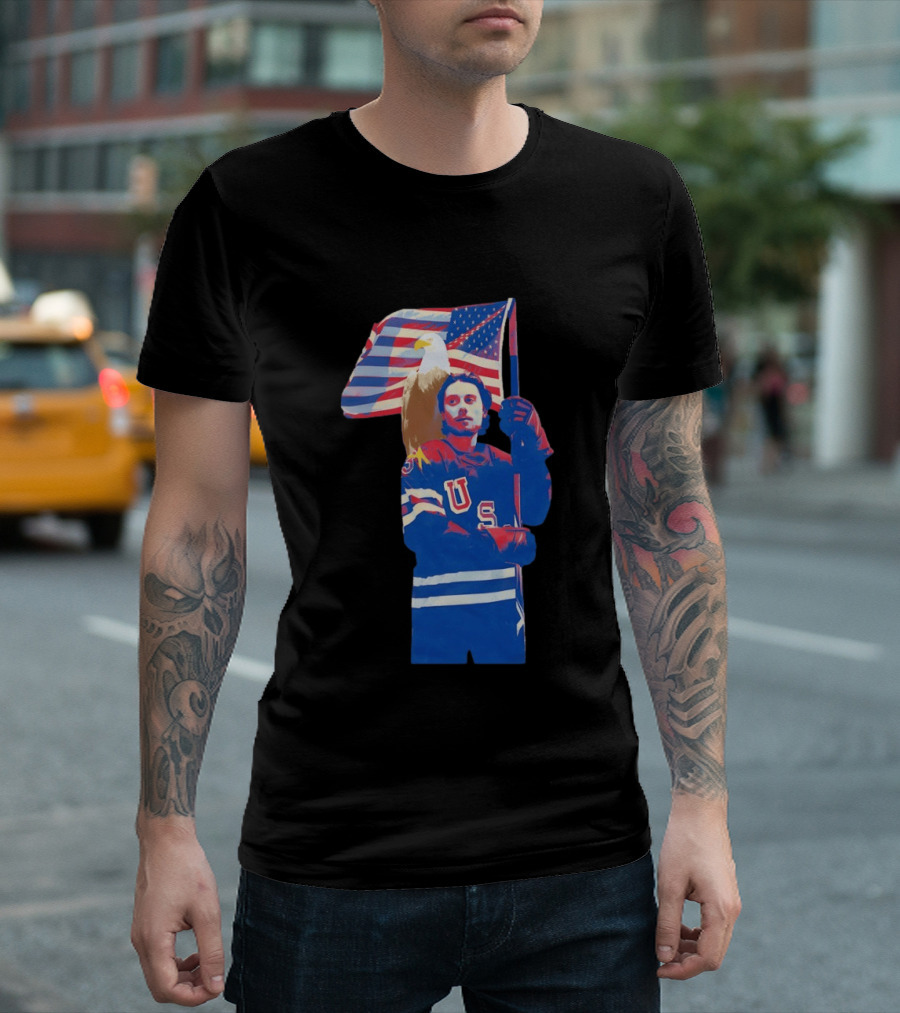 USA Hockey Jack Hughes American Flag Bald Eagle T-Shirt