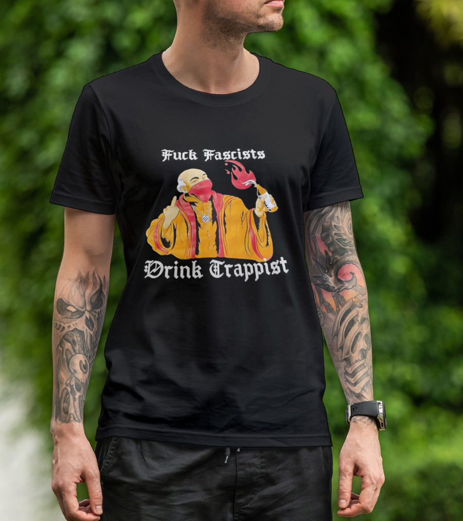 Monk Middle Finger Holding Cocktail Molotov Fuck Fascists Drink Trappist T-Shirt