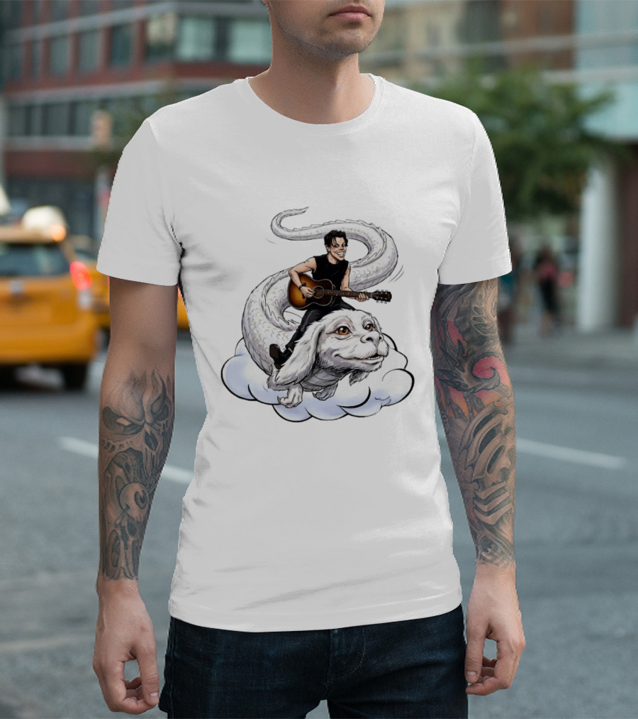 Rock God With Guitar On Falkor Flying Creature Inspired Fantasy Scene T-Shirt