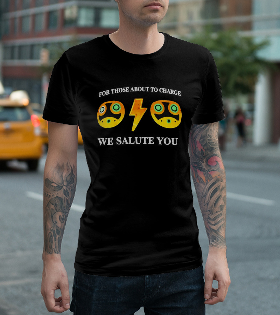 Power Symbol Eyes Bolt Yellow Blue Mask For Those About To Charge We Salute You T-Shirt