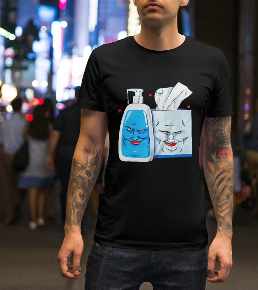 Smiling Blue Lotion Bottle And Tissue Box Meme With Red Lips And Hearts T-Shirt