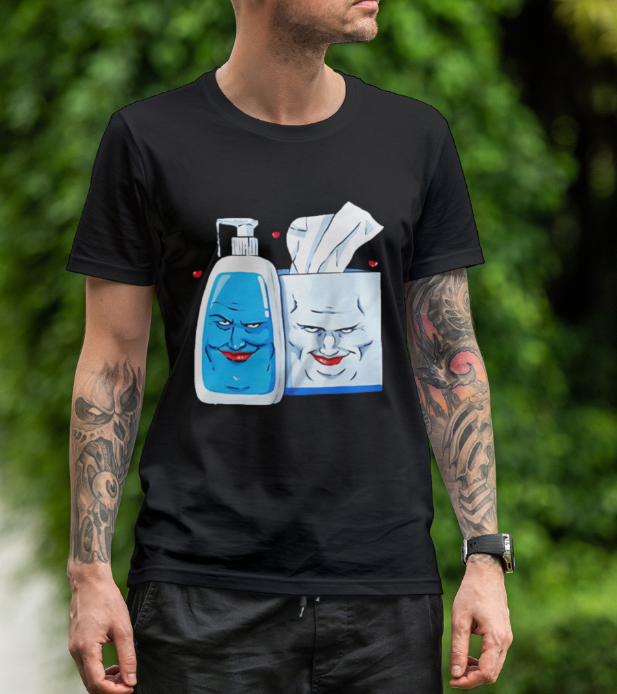 Smiling Blue Lotion Bottle And Tissue Box Meme With Red Lips And Hearts T-Shirt