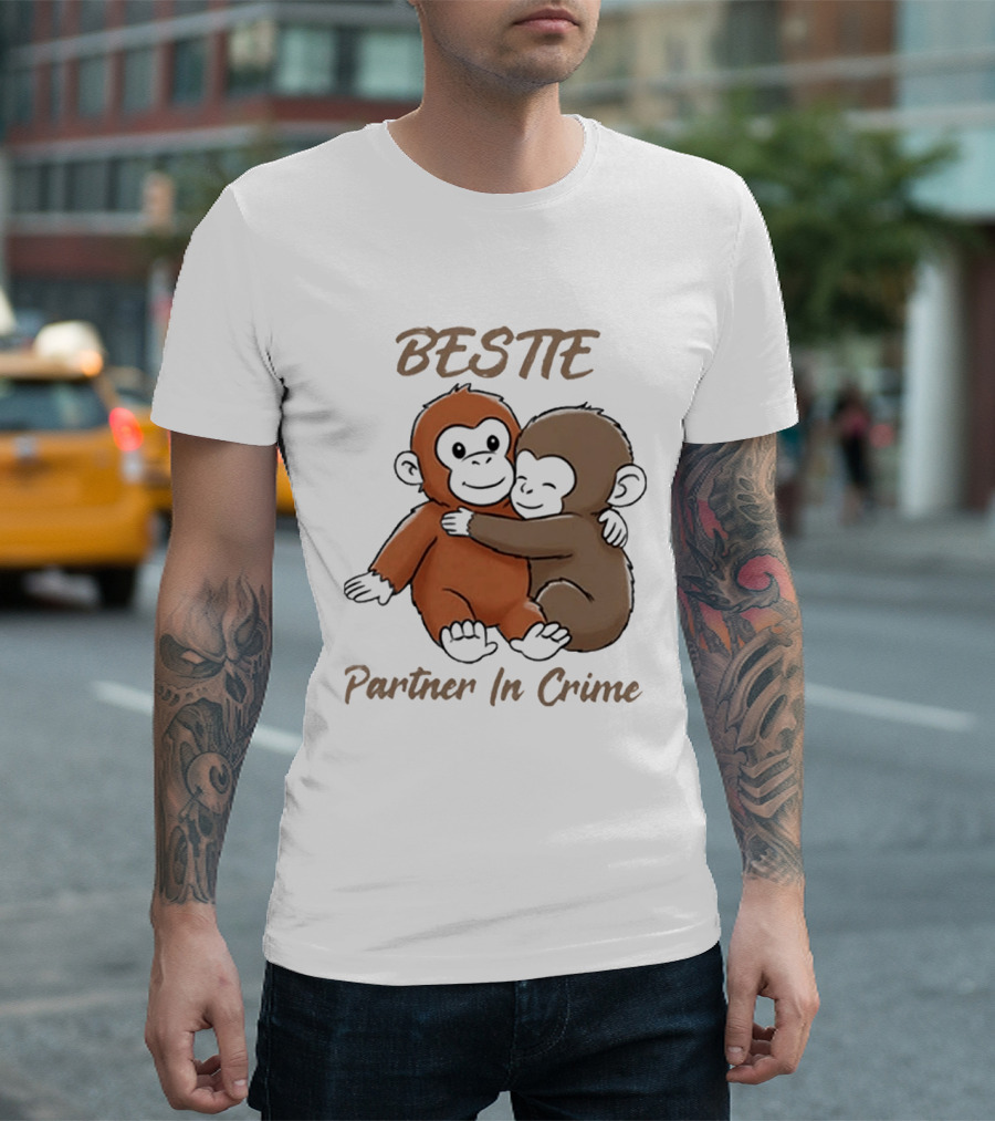Bestie Partner In Crime Cute Monkey Hug Friendship T-Shirt