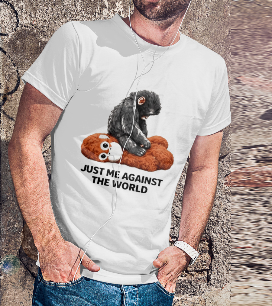 JUST ME AGAINST THE WORLD Gorilla Plush Toy Sitting On Panda T-Shirt