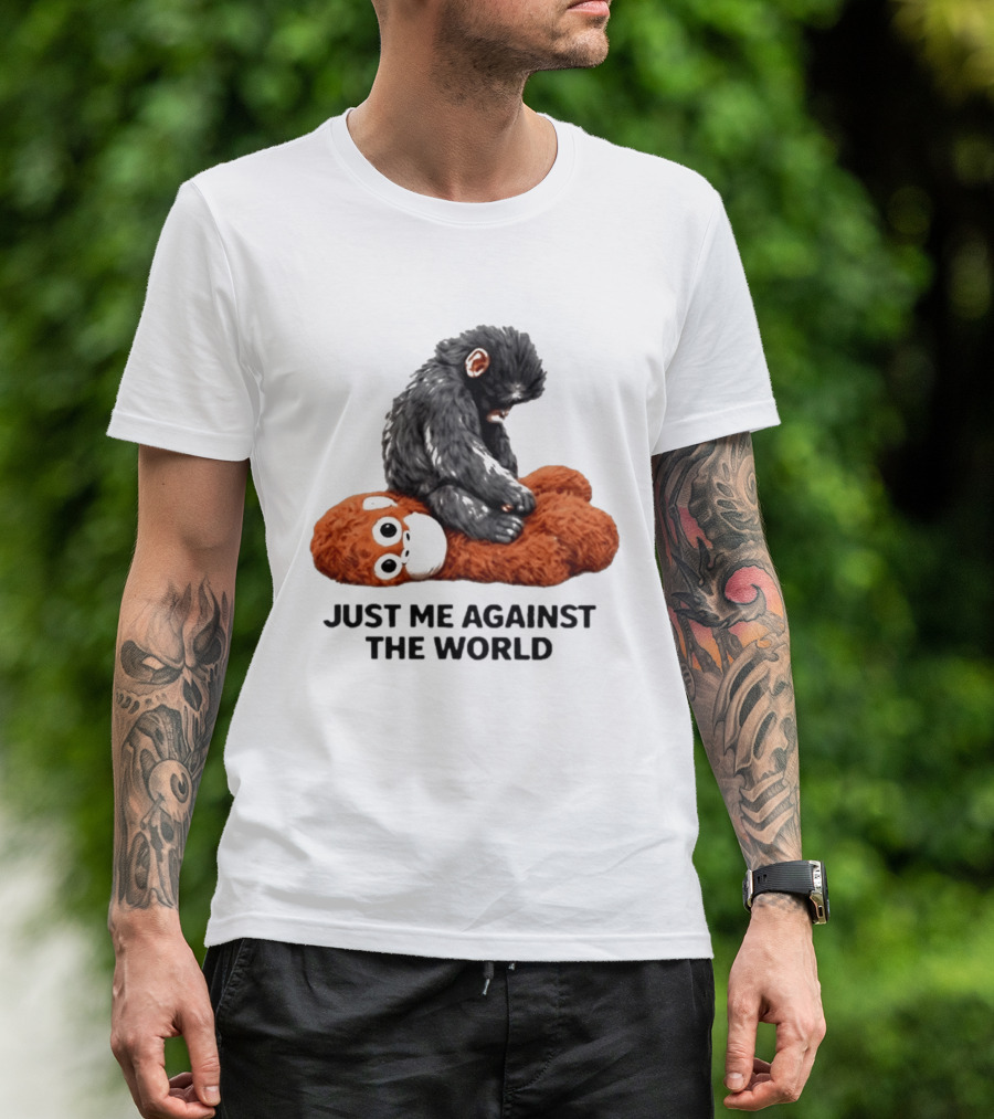 JUST ME AGAINST THE WORLD Gorilla Plush Toy Sitting On Panda T-Shirt