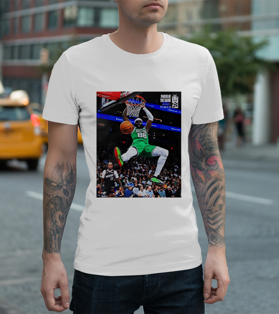 Neemias Queta Boston Celtics Dunk Action Photo With PIMCO At NBA Game T-Shirt