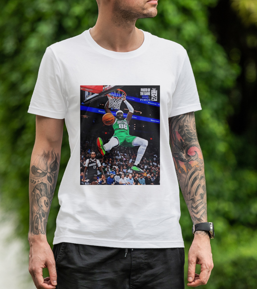 Neemias Queta Boston Celtics Dunk Action Photo With PIMCO At NBA Game T-Shirt