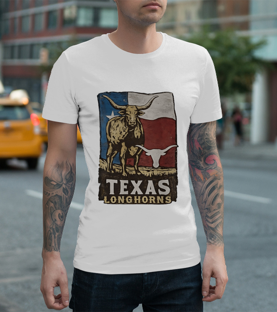 Texas Longhorns Flag Vintage Style Cow T-Shirt