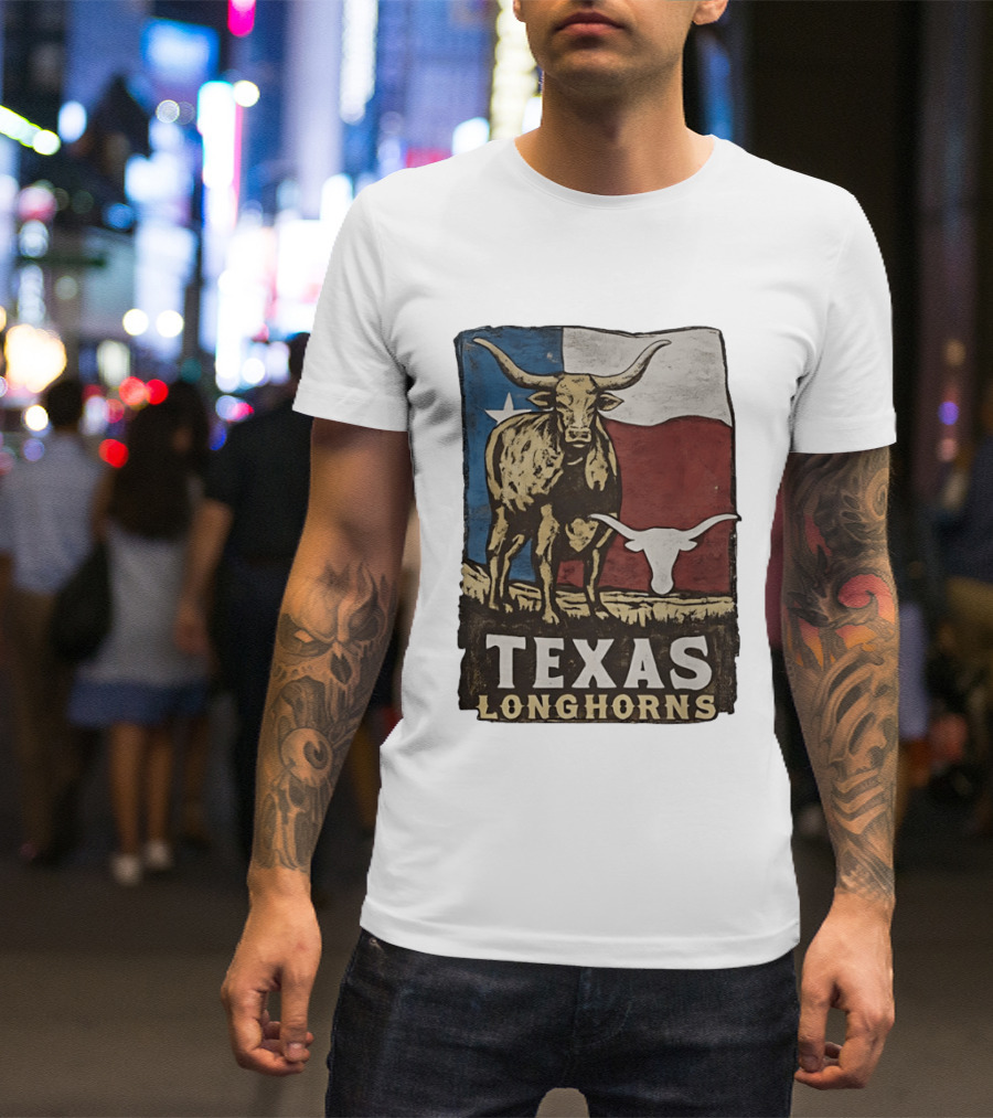 Texas Longhorns Flag Vintage Style Cow T-Shirt