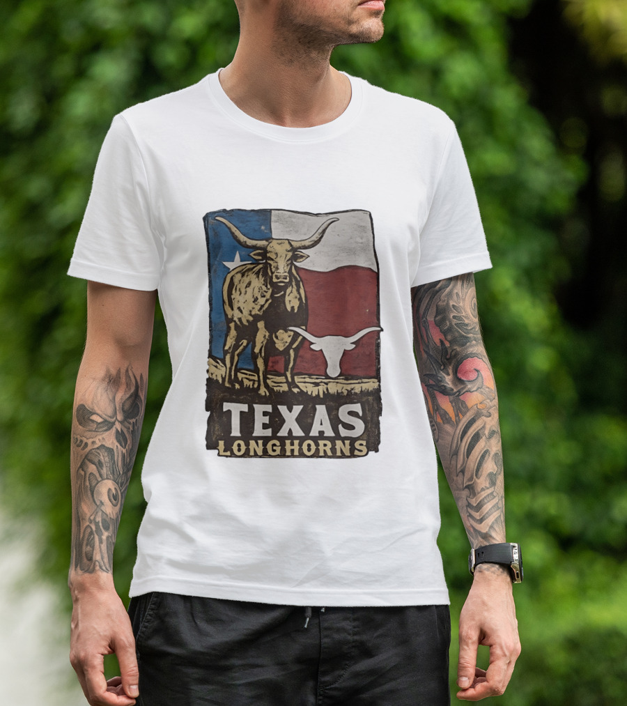 Texas Longhorns Flag Vintage Style Cow T-Shirt