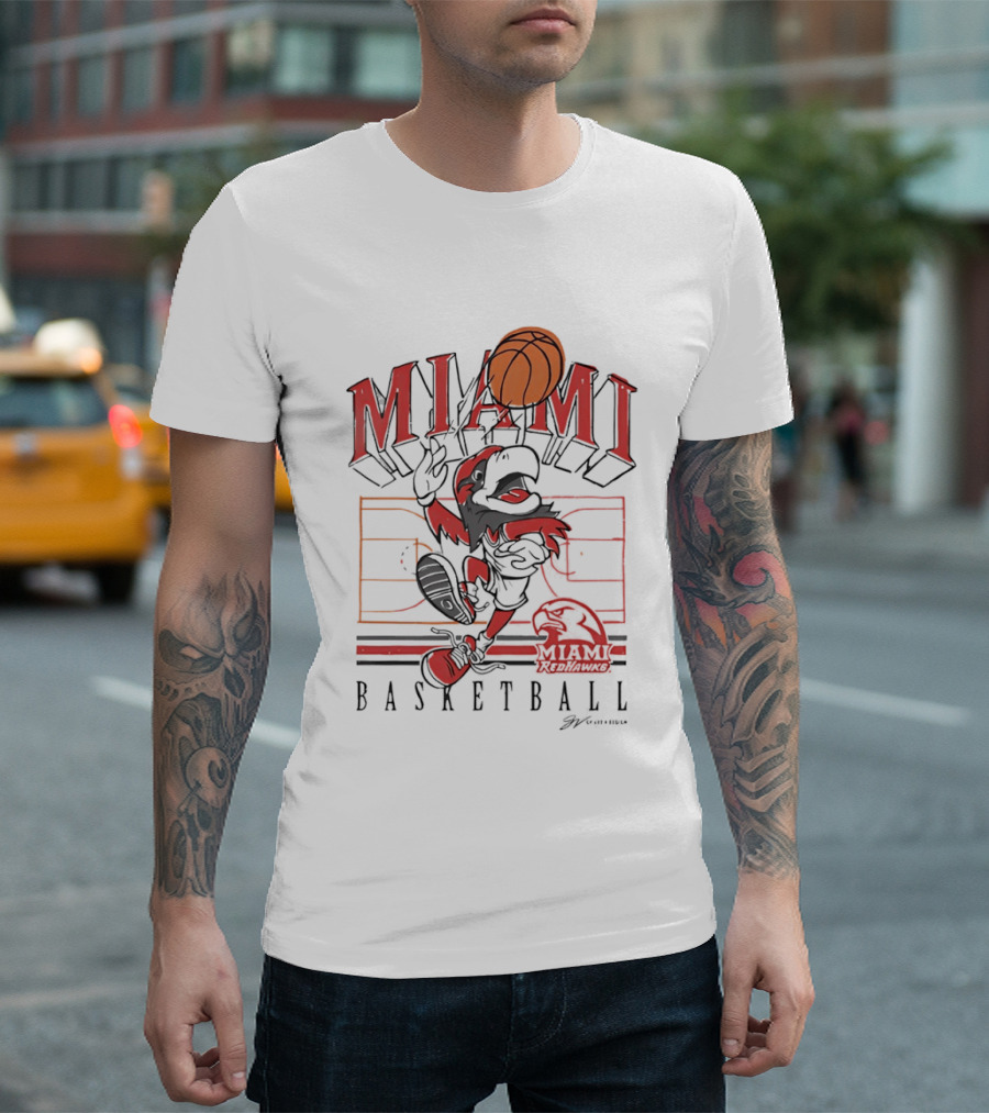 Miami RedHawks Basketball Court Happy Swoop Dunking Bird T-Shirt