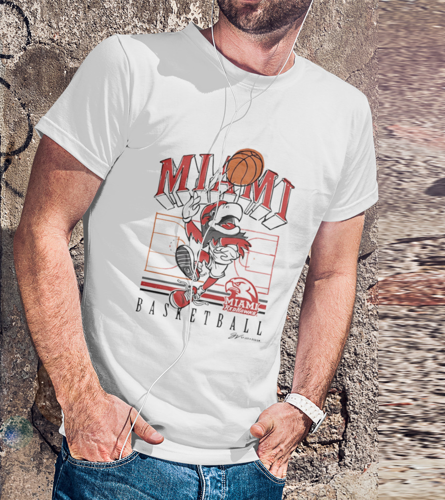 Miami RedHawks Basketball Court Happy Swoop Dunking Bird T-Shirt
