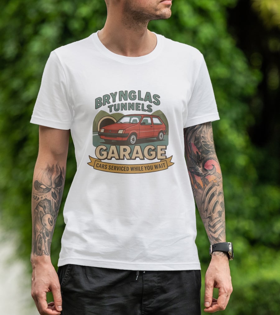 Brynglas Tunnels Garage Red Car Service Cars Serviced While You Wait T-Shirt