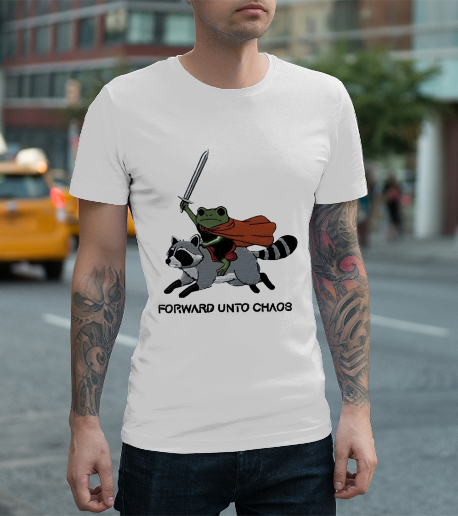 Embroidered Sword Wielding Frog Riding Raccoon Forward Unto Chaos T-Shirt