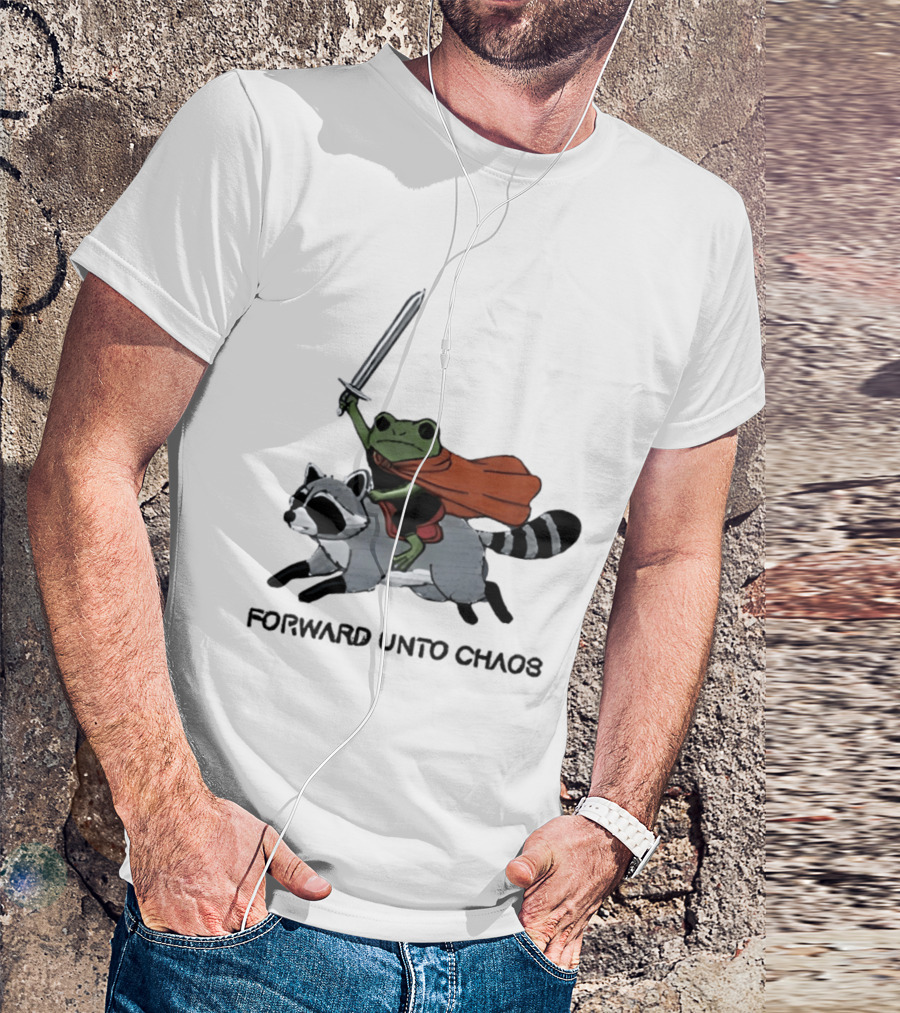 Embroidered Sword Wielding Frog Riding Raccoon Forward Unto Chaos T-Shirt