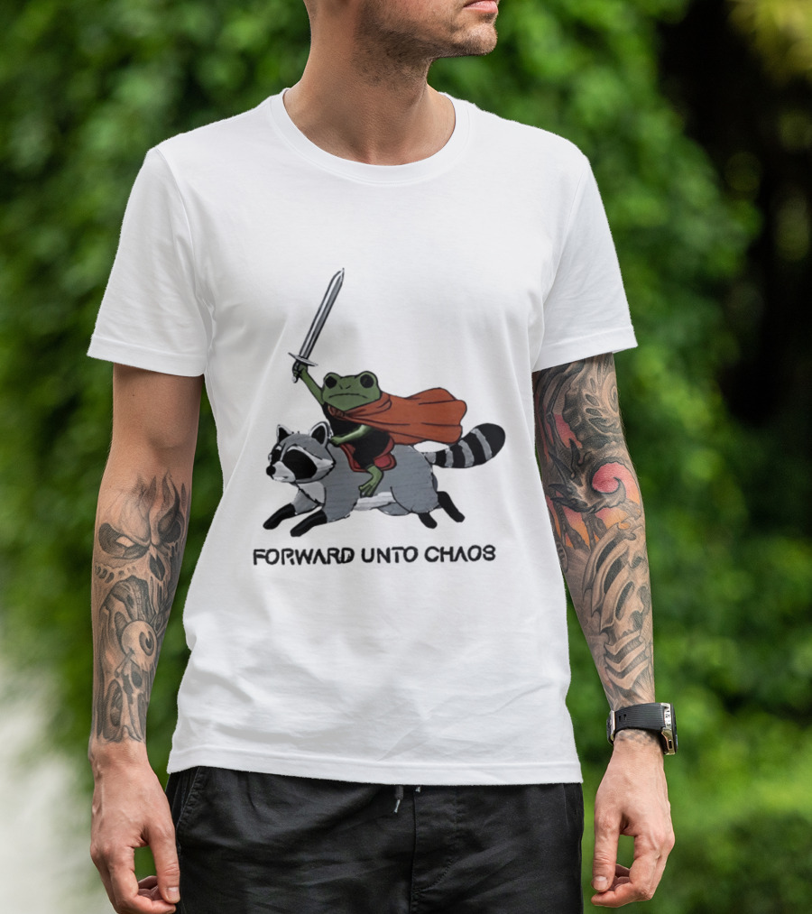 Embroidered Sword Wielding Frog Riding Raccoon Forward Unto Chaos T-Shirt